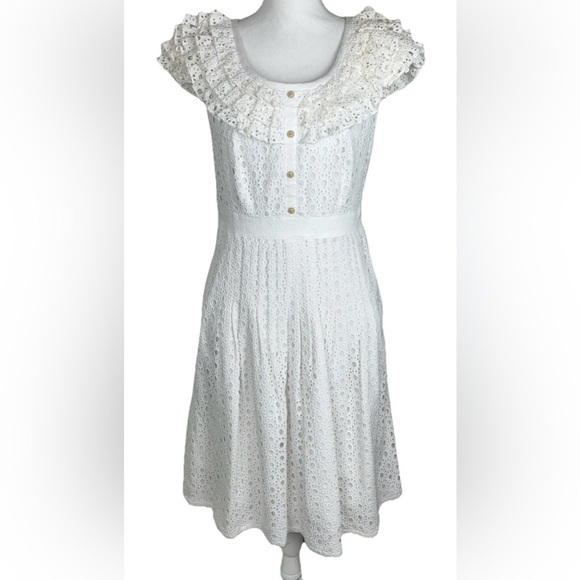 Kay Unger White Ruffle Collar Lace Fit and Flare Dress Women’s Size‎ 10 - Picture 1 of 10